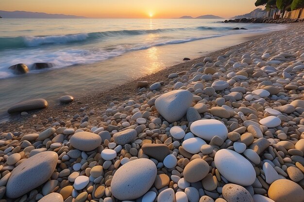 Sanremo riviera dei fiori ligurie italie paysage roches et cailloux sur la plage éclairé magnifique par le coucher du soleil lig