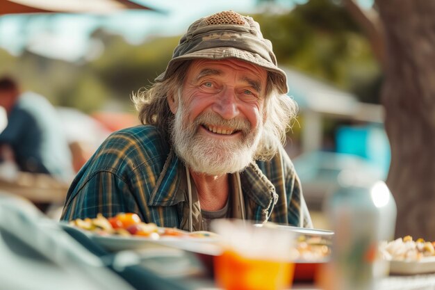 Un sans-abri avec une barbe et un chapeau assis à une table extérieure avec de la nourriture