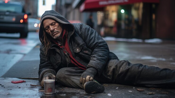 Photo un sans-abri dans une rue de la ville