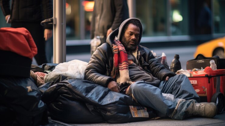 Photo un sans-abri dans une rue de la ville