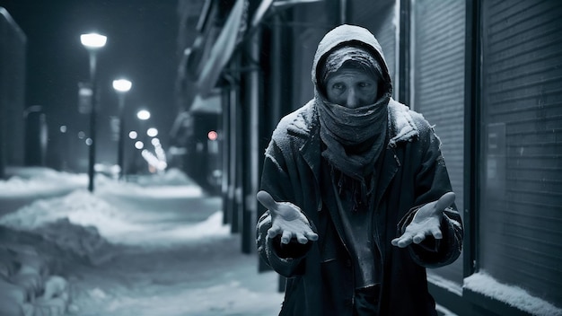 Photo un sans-abri dans une ville hivernale demande de la nourriture.