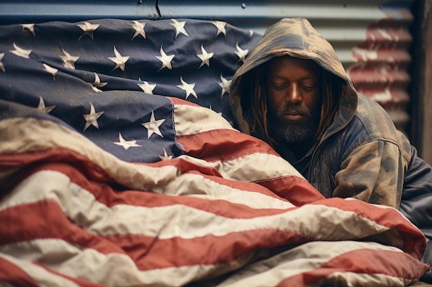 Un sans-abri dort sur le trottoir aux États-Unis, caché derrière le drapeau américain.