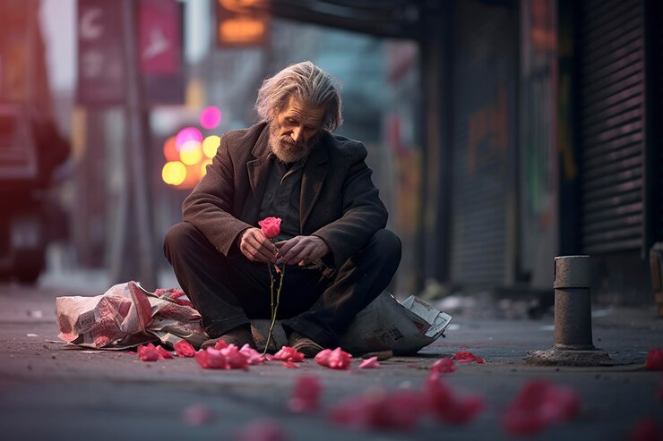 Photo un sans-abri est assis dans la rue.