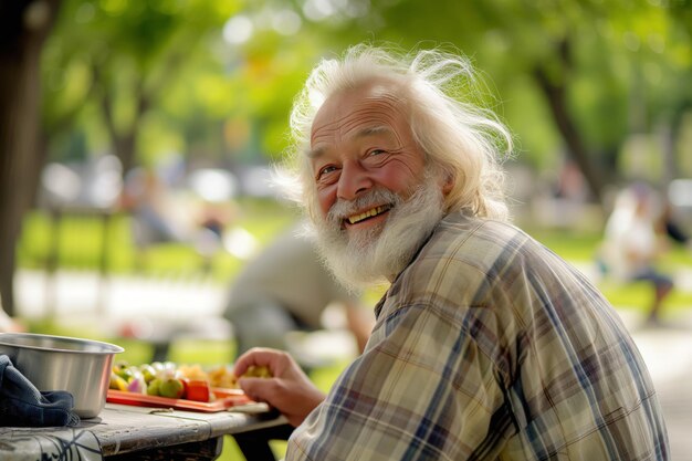 Un sans-abri est assis à une table en plein air entouré de nourriture dans un endroit pour aider les pauvres