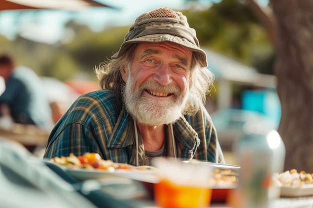 Un sans-abri est assis à une table en plein air entouré de nourriture dans un endroit qui soutient les pauvres