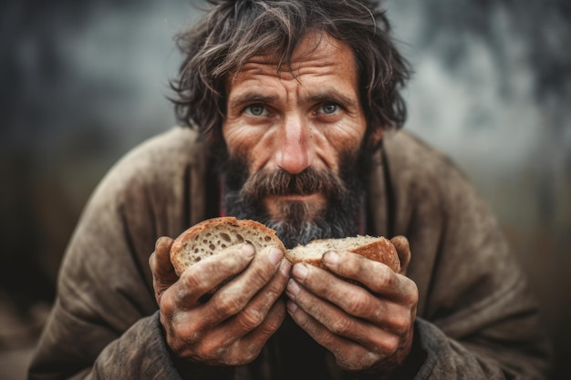 Un sans-abri avec un regard intense et des mains sales.