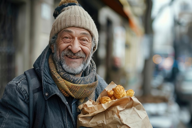 Un sans-abri avec un sac de nourriture.