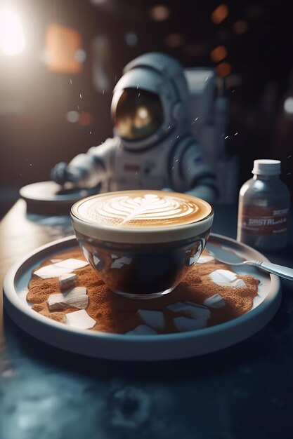 Photo sans poids_liquide_café_latte_art_dans_l'espace_astronaute