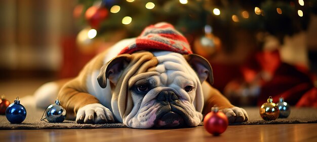 Santa Bulldog près de l'arbre de Noël