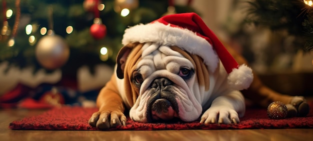 Santa Bulldog près de l'arbre de Noël