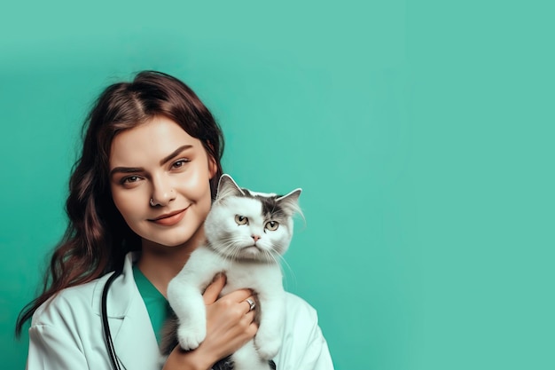 Santé animale et prévention Chat blanc avec vétérinaire sur fond vert avec place pour texte