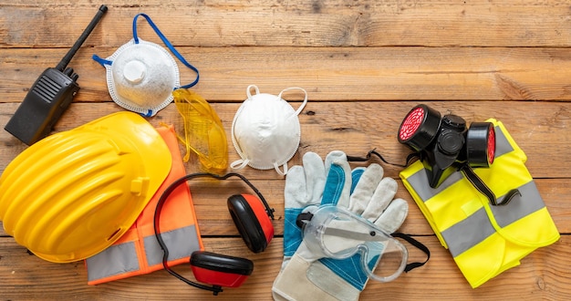 Photo santé et sécurité au travail à plat équipement de protection individuelle du travail pour l'industrie et le chantier de construction