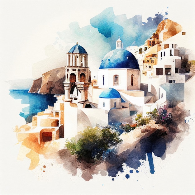 Santorin dans un style aquarelle par Generative AI