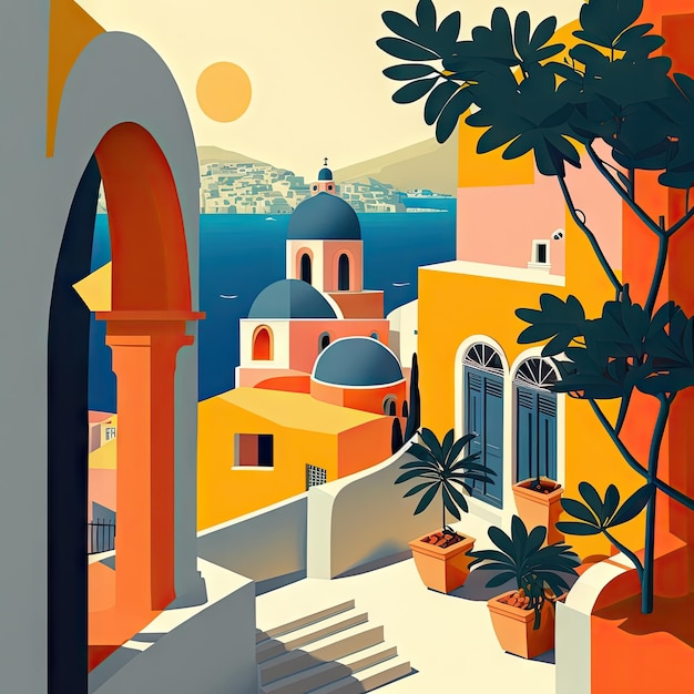 Santorin Voyage Illustration Grèce Tourisme Concept Europe de l'Ouest Dessin Imitation AI Contenu Génératif