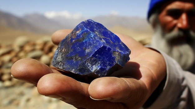 Un saphir bleu est tenu dans une main.