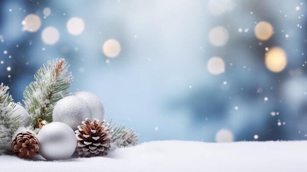 Sapin enneigé de Noël et jouets de Noël neige bannière d'hiver