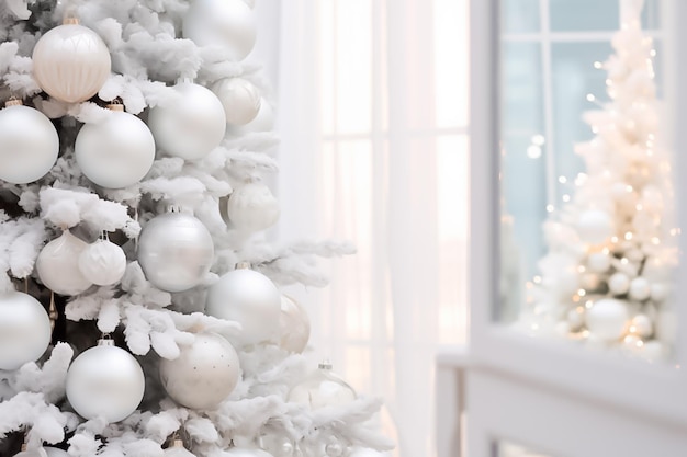 Sapin de Noël blanc éblouissant décoré de perles scintillantes entouré de cadeaux emballés de manière festive