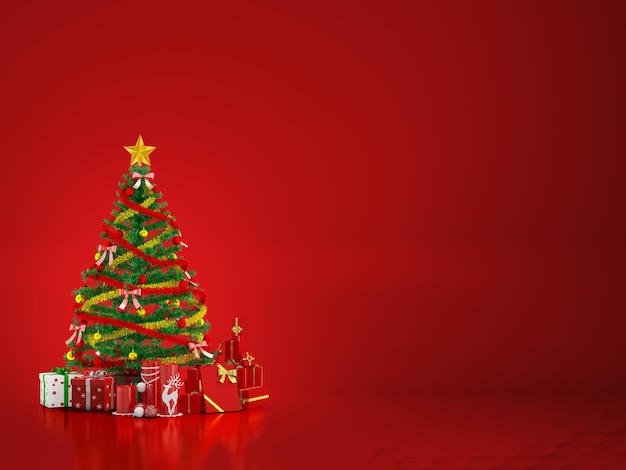 Sapin de Noël et bonne année cadeau concept promotion bannerr fond de couleur rouge. rendu 3d