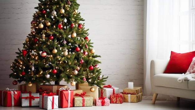 Sapin de Noël avec des cadeaux dans le salon