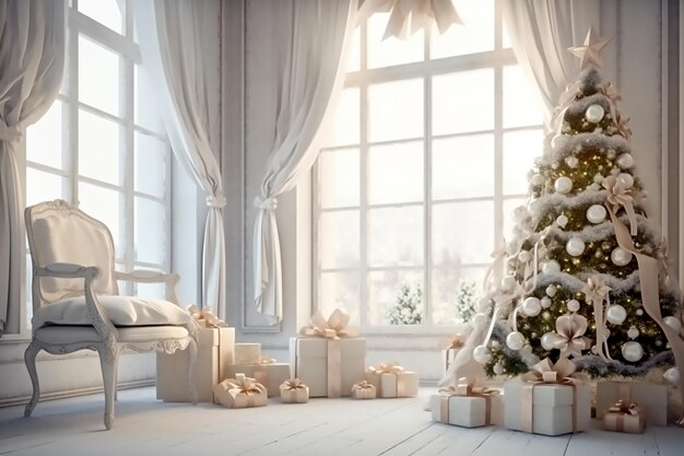 Sapin de Noël et coffrets cadeaux blancs avec des arcs à l'intérieur blanc Generative AI