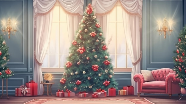 Sapin de Noël avec décorations dans le salon