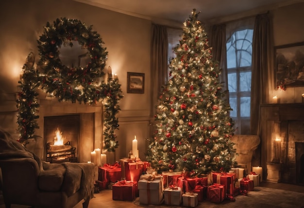 Sapin de Noël décoré et coffrets cadeaux Generative AI