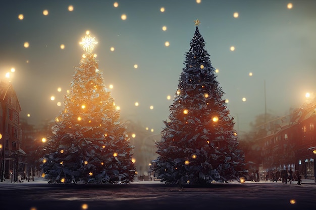 Sapin de Noël décoré Nouvel An sur fond d'hiver de paysage urbain flou