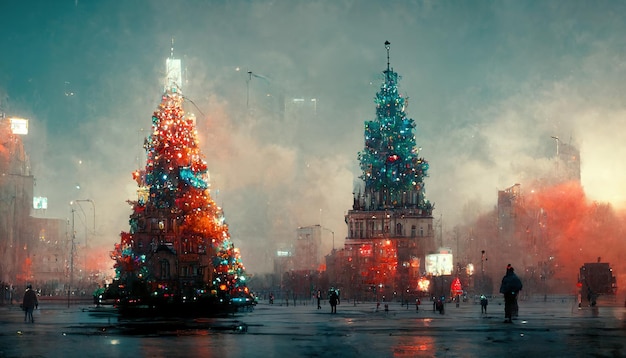 Sapin de Noël décoré Nouvel An sur fond d'hiver de paysage urbain flou