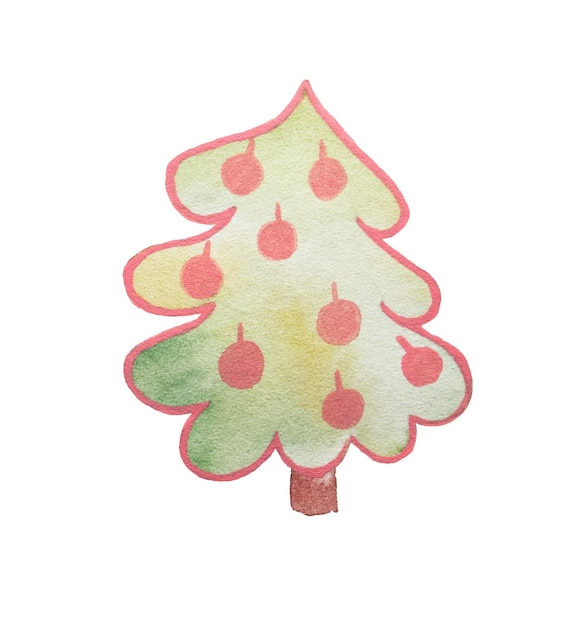 Sapin de Noël de dessin animé aquarelle avec des boules de Noël Illustration dessinée à la main dans des couleurs vertes roses