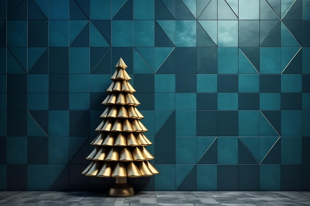 Un sapin de Noël doré se dresse devant un mur bleu.