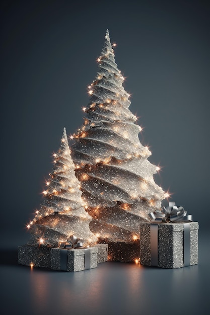 Sapin de Noël gris décoré illuminé avec coffrets cadeaux sur fond gris Joyeux Noël