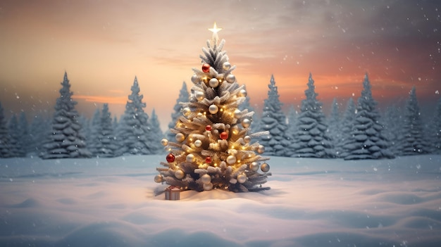 Un sapin de Noël joliment décoré dans un pays des merveilles hivernales