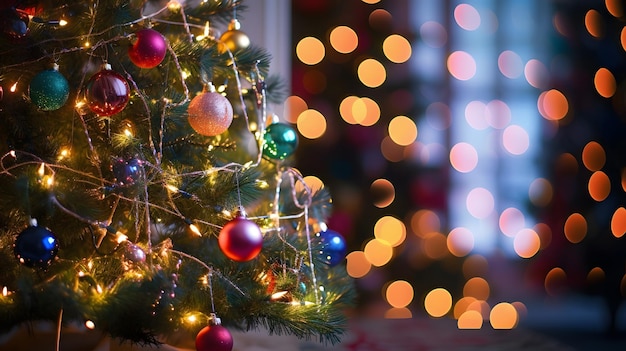 Un sapin de Noël joliment décoré avec des lumières scintillantes en arrière-plan