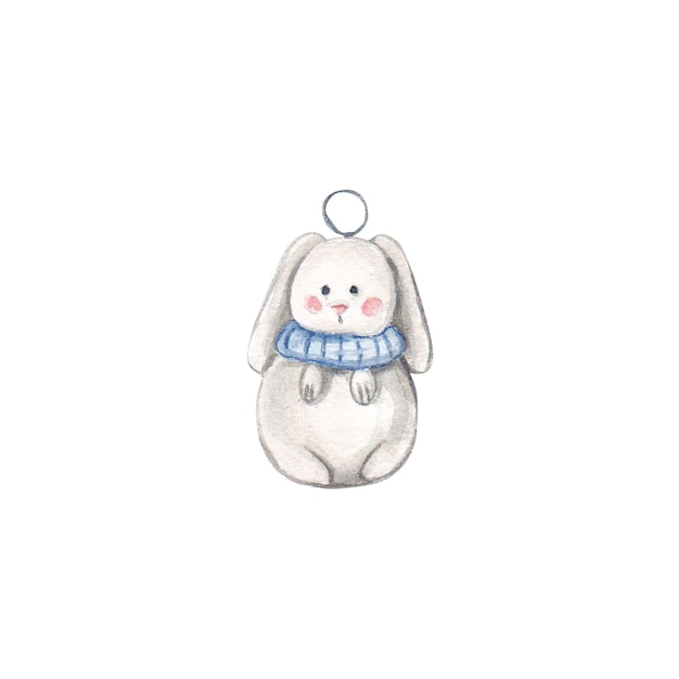 Sapin de Noël jouets lapin blanc avec une écharpe bleue sur fond blancIllustration du Nouvel An à l'aquarelle Décorations de Noël Lapin de Noël blanc Noël Nouvel An Convient pour le design