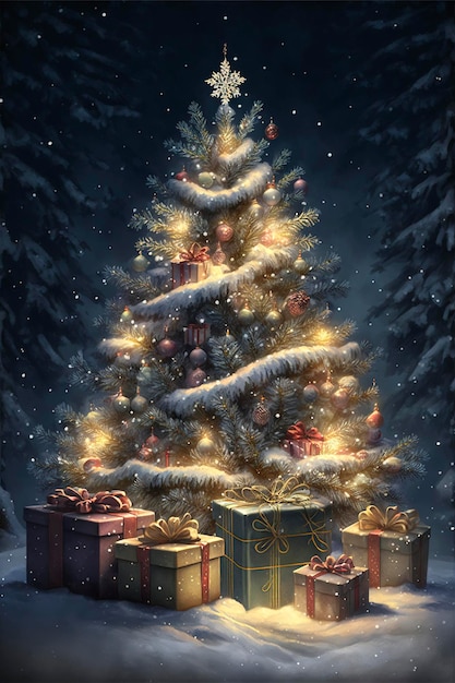 Sapin de Noël magnifique et vibrant rempli de cadeaux en cristal très détaillés