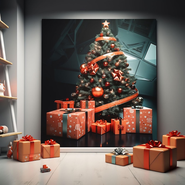 un sapin de Noël se trouve dans une pièce avec une photo d'un sapin de Noël