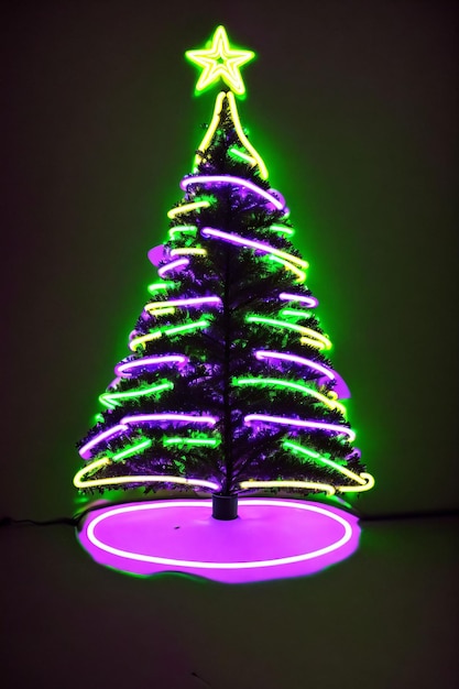 Sapin de noël sombre illuminé de néons sur fond sombre fond d'écran bannière de noël