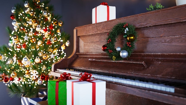 Sapin de Noël et vieux piano rendu 3d