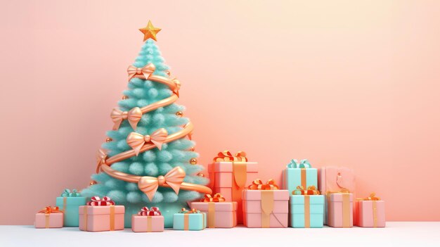 Sapin de Noël volumineux avec des cadeaux aux couleurs vives dans des formes organiques et géométriques rose clair et orange clair