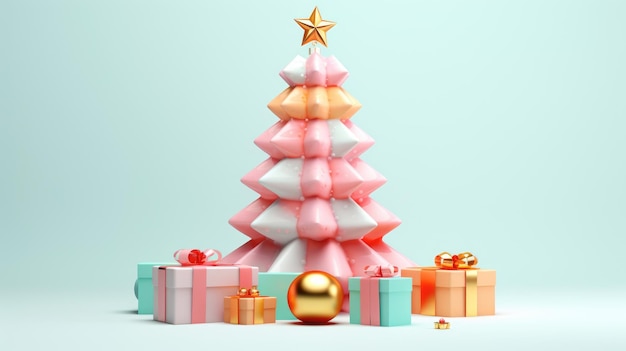 Sapin de Noël volumineux avec des cadeaux aux couleurs vives dans des formes organiques et géométriques rose clair et orange clair
