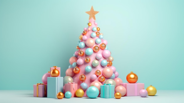 Sapin de Noël volumineux avec des cadeaux aux couleurs vives dans des formes organiques et géométriques rose clair et orange clair