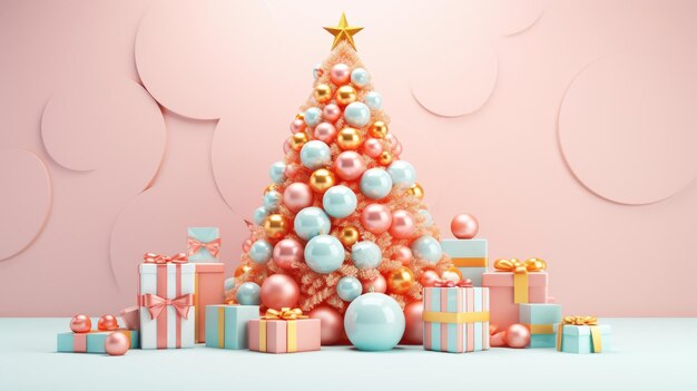 Sapin de Noël volumineux avec des cadeaux aux couleurs vives dans des formes organiques et géométriques rose clair et orange clair