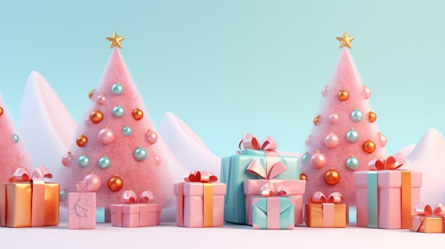 Sapin de Noël volumineux avec des cadeaux aux couleurs vives dans des formes organiques et géométriques rose clair et orange clair