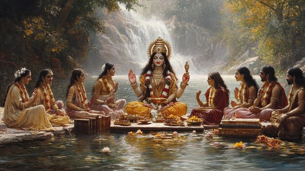 Saraswati bénissant un groupe d'artistes et d'érudits avec un arrière-plan d'une ancienne bibliothèque et d'une rive sereine
