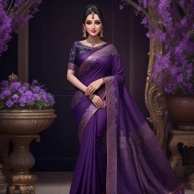 Saree violet foncé avec des détails riches parfaitement