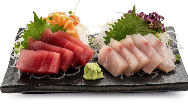 Sashimi assorti sur une assiette d'ardoise noire avec des garnitures une délicatesse culinaire japonaise