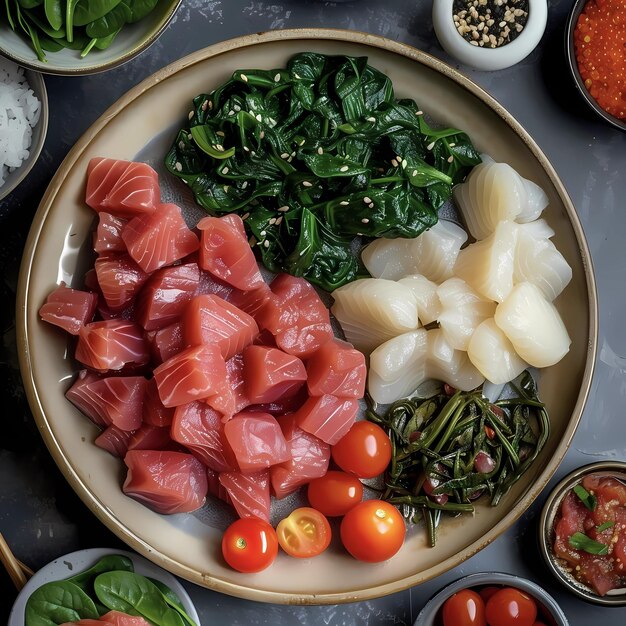 Sashimi de coquillages et de saumon sur une assiette en céramique