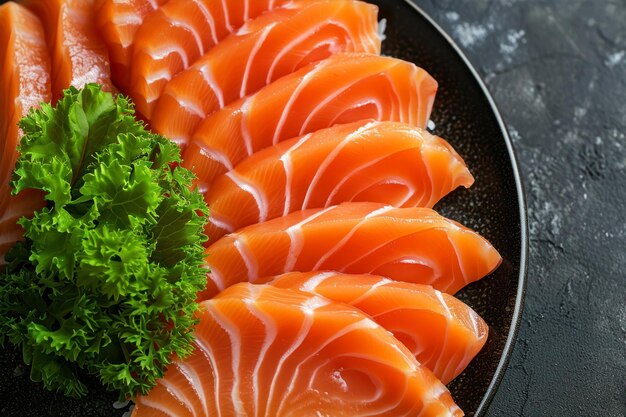 Sashimi de saumon tranché dans une assiette noire sur fond noir