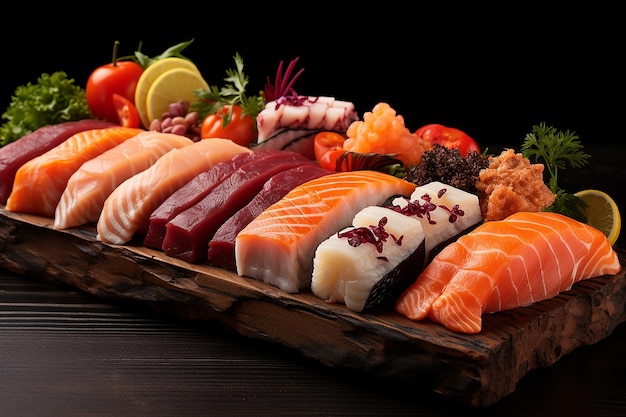 Sashimi et sushi de la cuisine japonaise sur une planche en bois Saumon cru, thon, thon, crevette, calmar de mer