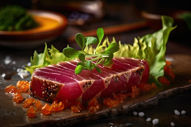 Sashimi de thon ahi cru frais servi dans un cadre gastronomique sur une éponge aux herbes